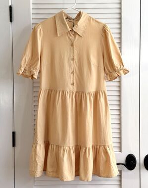 RoyLamp Womens S Peach Apricot Tiered knee length Dress Puff Sleeve Button Front